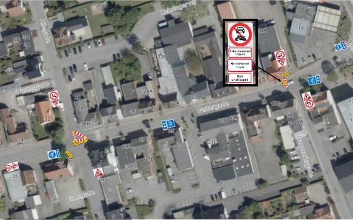Vestergade i Vojens afspærres - Grafik: Haderslev Kommune