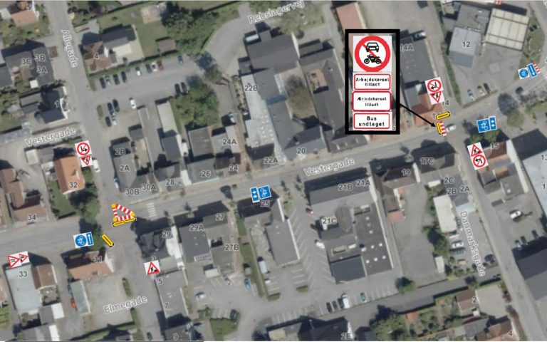 Vestergade i Vojens afspærres - Grafik: Haderslev Kommune